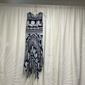 Loft size XS Navy/white Scarf print asymmetrical hem dress